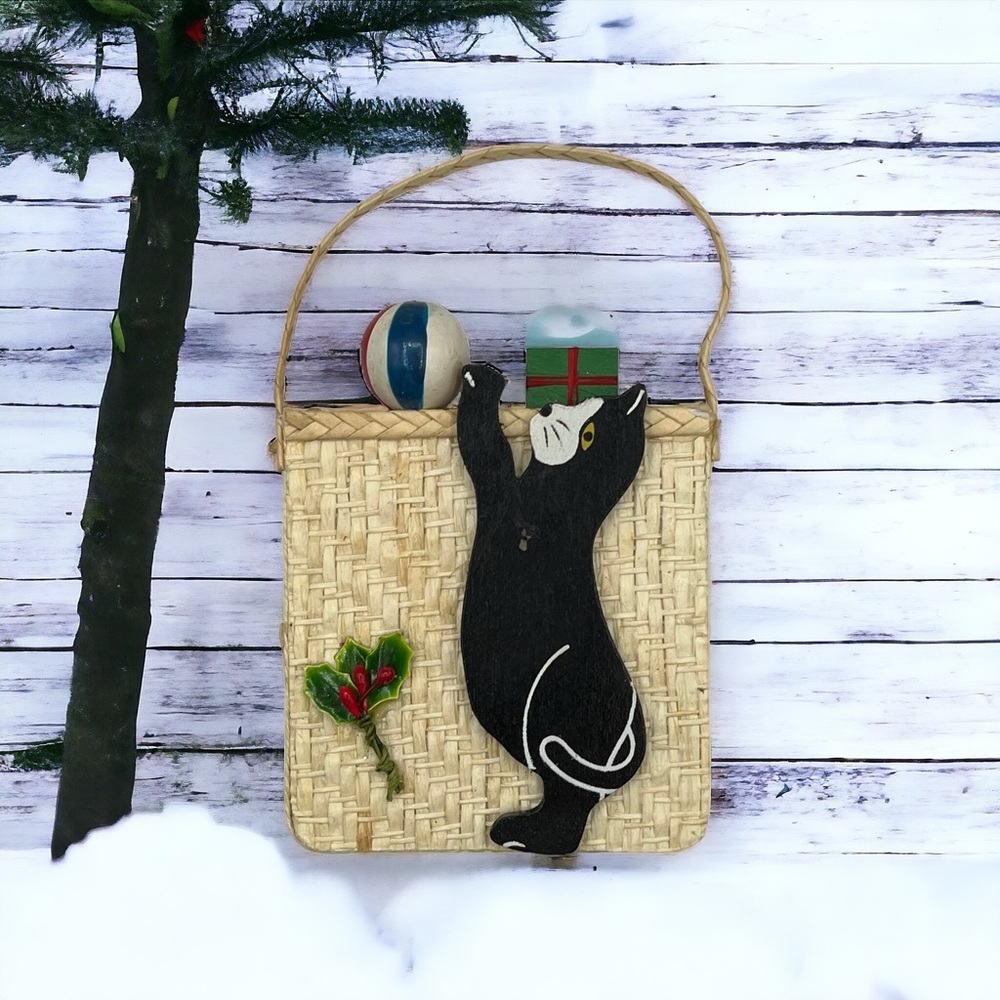 Rare Vintage Midwest Wooden Kitty Cat Straw Bag Christmas Ornament Pets Animals